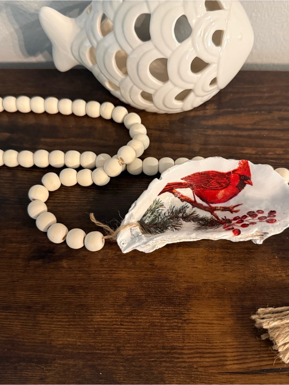 White Wooden Bead Garland with Red Cardinal Oyster Accent - Home Accents Decor